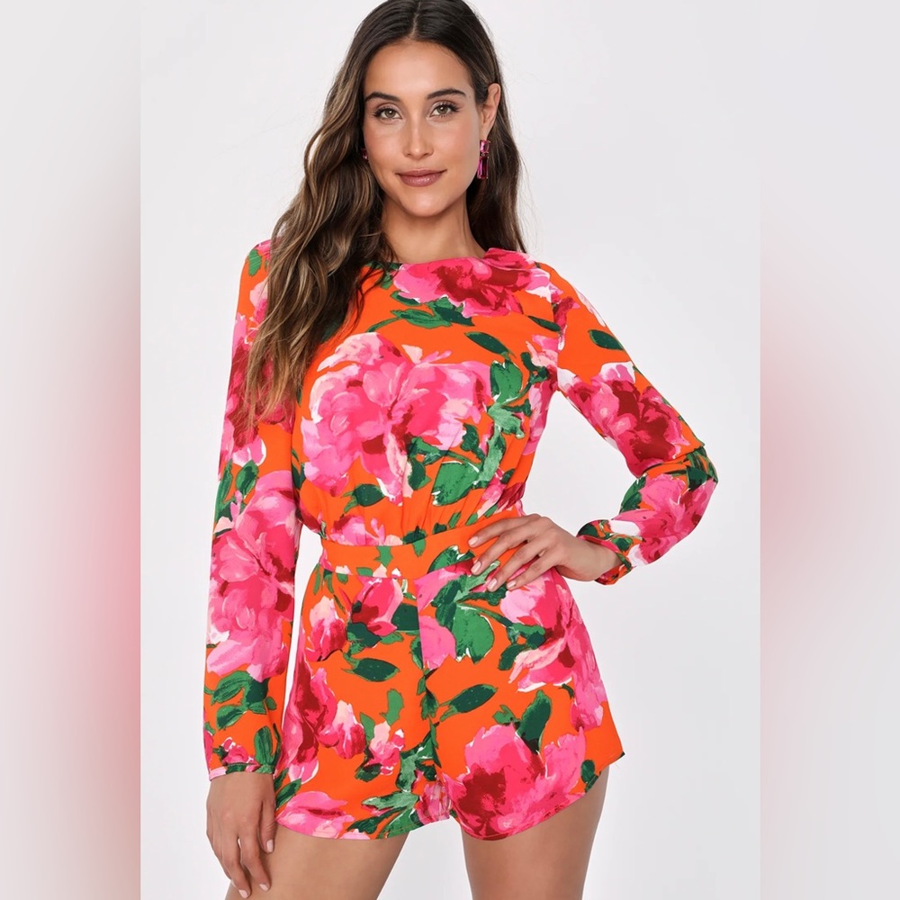 Sweetest Song Orange Floral Print Backless Long Sleeve Romper